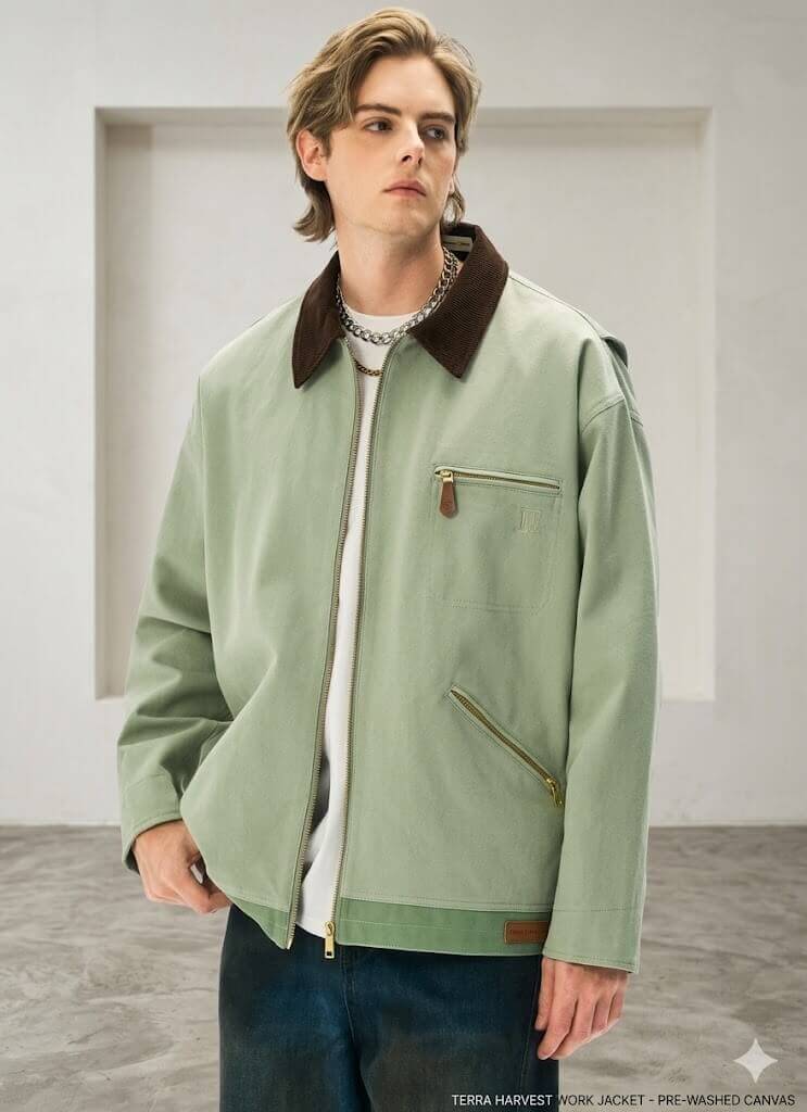 Men's American Vintage Workwear Jacket - Autumn Loose Fit Washed Heavyweight Cotton Canvas Jacket with Lapel Collar