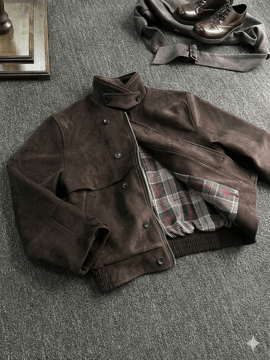 Men's Brown Faux Suede Leather Jacket Spring Autumn Luxury Soft Shell Coat Slim Fit Turn-down Collar Designer Outerwear