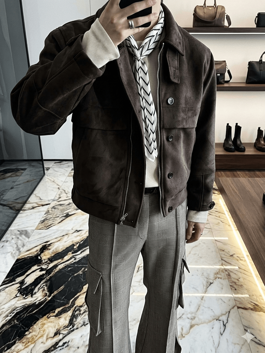 Men's Brown Faux Suede Leather Jacket Spring Autumn Luxury Soft Shell Coat Slim Fit Turn-down Collar Designer Outerwear