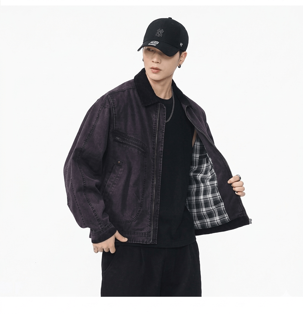 Men's Retro Washed Cotton Cargo Jacket  Oversized Korean Fashion Streetwear  Casual Loose Short Bomber Outerwear