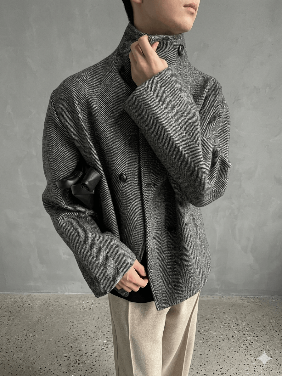 Autumn Winter Men's Luxury Wool Blend Jacket - Double Breasted Herringbone Short Coat - Stand Collar Designer Clothes 2026