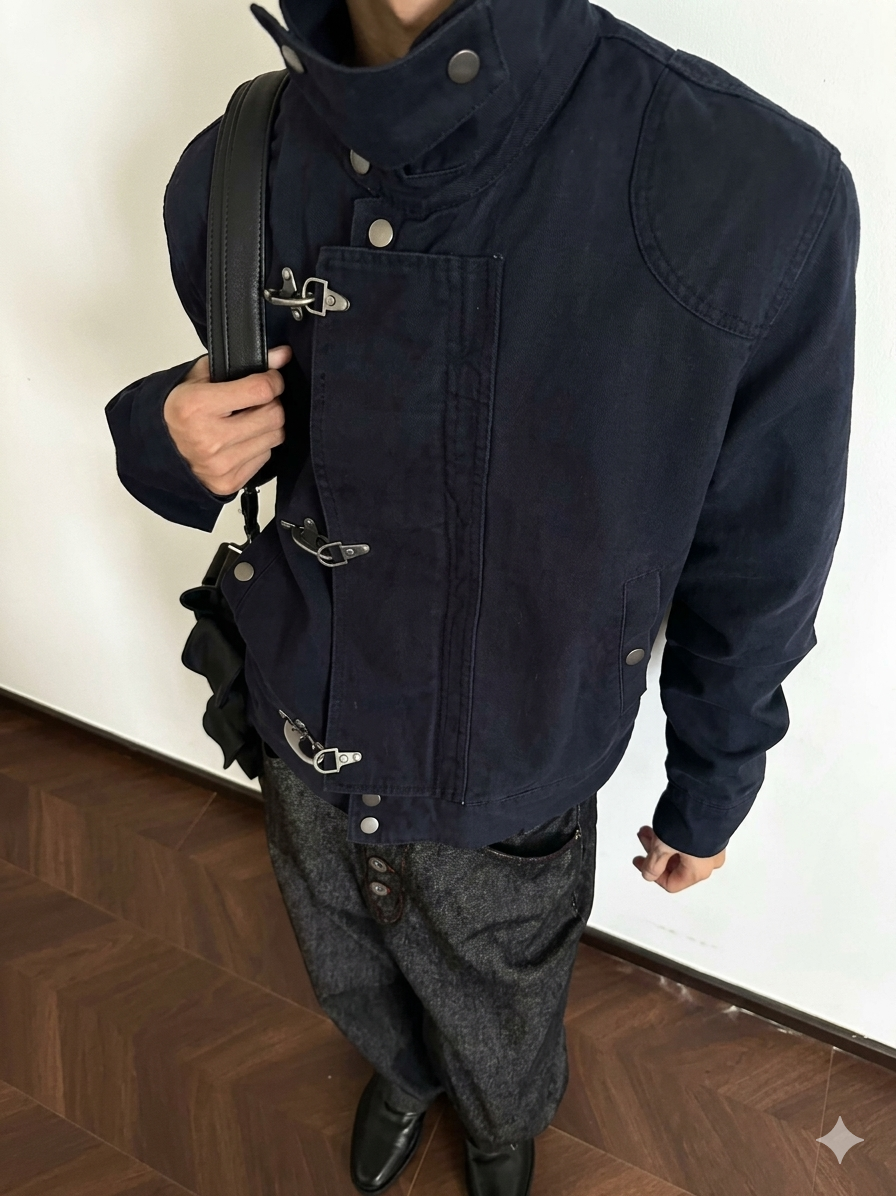 Premium SingleBreasted Korean Men's Jacket with Metal Buckle Sleek Stand Collar Autumn Coat, Elegant Casual Menswear