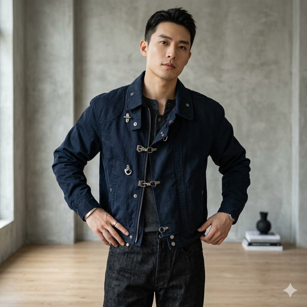 Premium SingleBreasted Korean Men's Jacket with Metal Buckle Sleek Stand Collar Autumn Coat, Elegant Casual Menswear