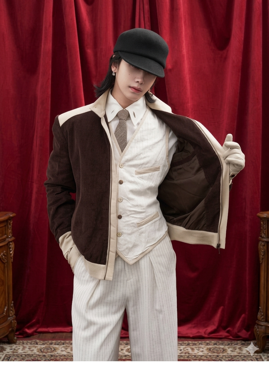 Luxury Slanted Placket Corduroy Jacket for Men  Elegant Soft Patchwork Designer Outerwear, 2026 Spring Autumn Chic Style