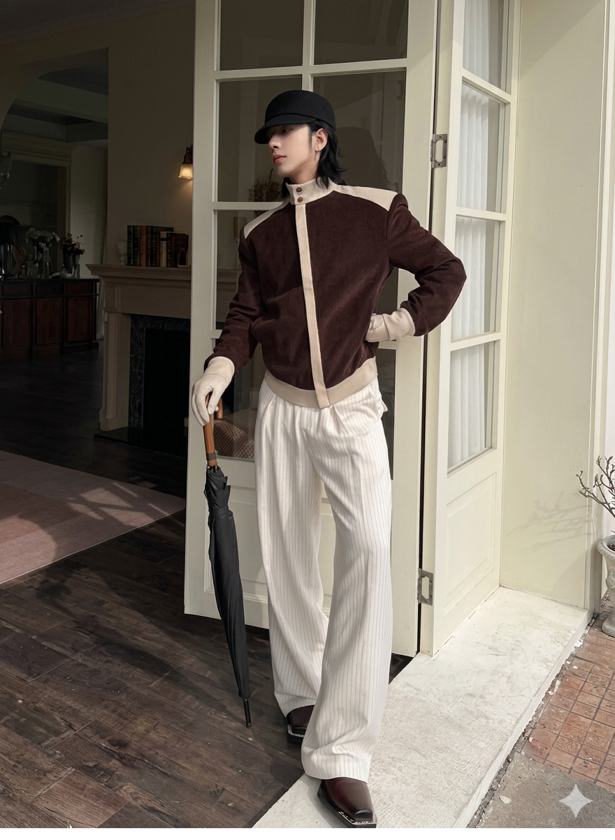 Luxury Slanted Placket Corduroy Jacket for Men  Elegant Soft Patchwork Designer Outerwear, 2026 Spring Autumn Chic Style