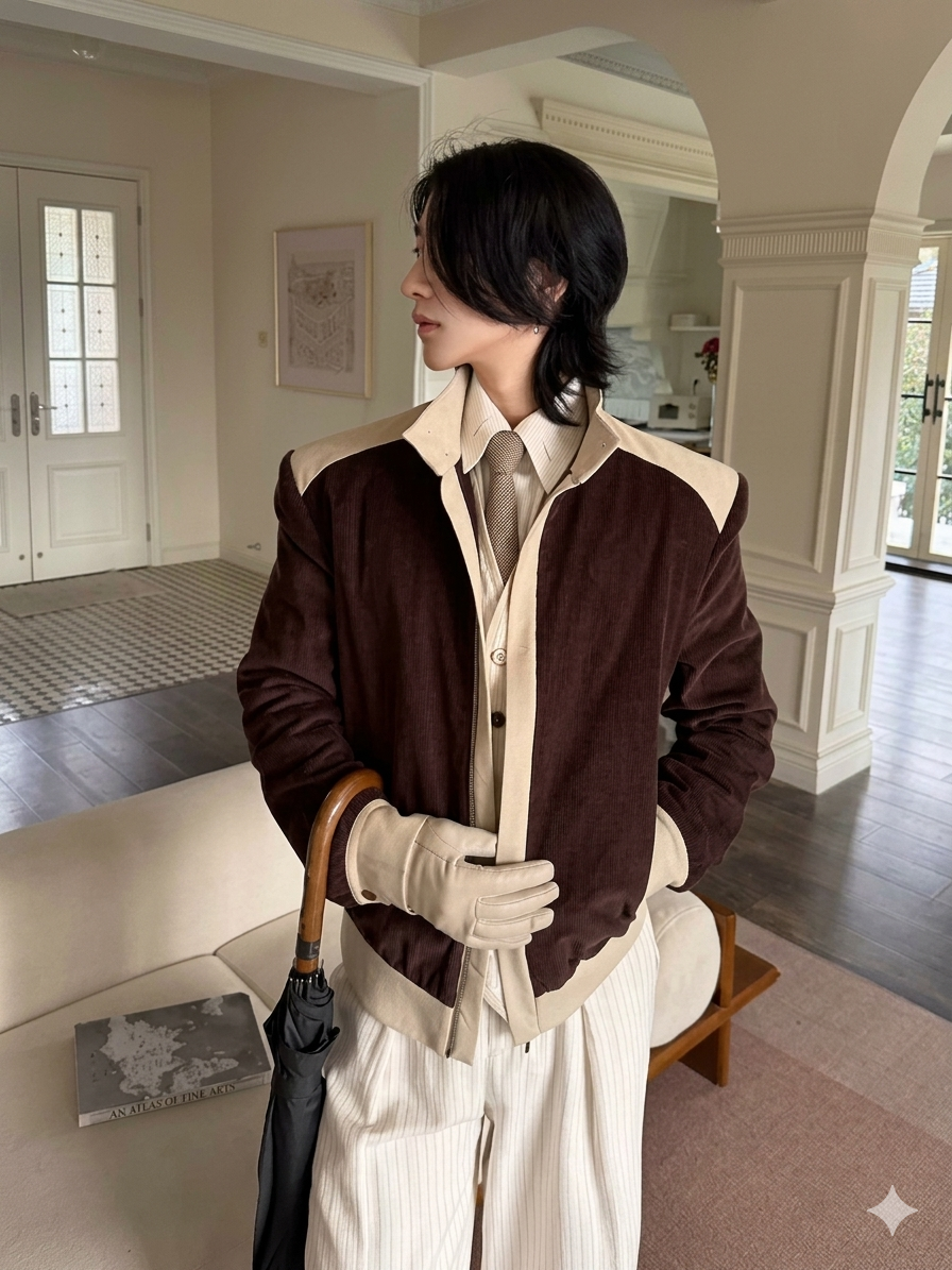 Luxury Slanted Placket Corduroy Jacket for Men  Elegant Soft Patchwork Designer Outerwear, 2026 Spring Autumn Chic Style
