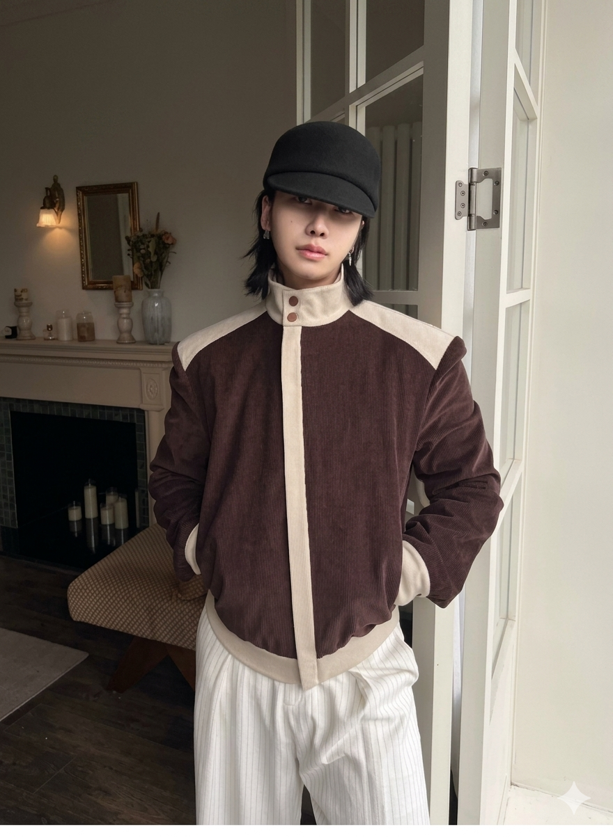 Luxury Slanted Placket Corduroy Jacket for Men  Elegant Soft Patchwork Designer Outerwear, 2026 Spring Autumn Chic Style