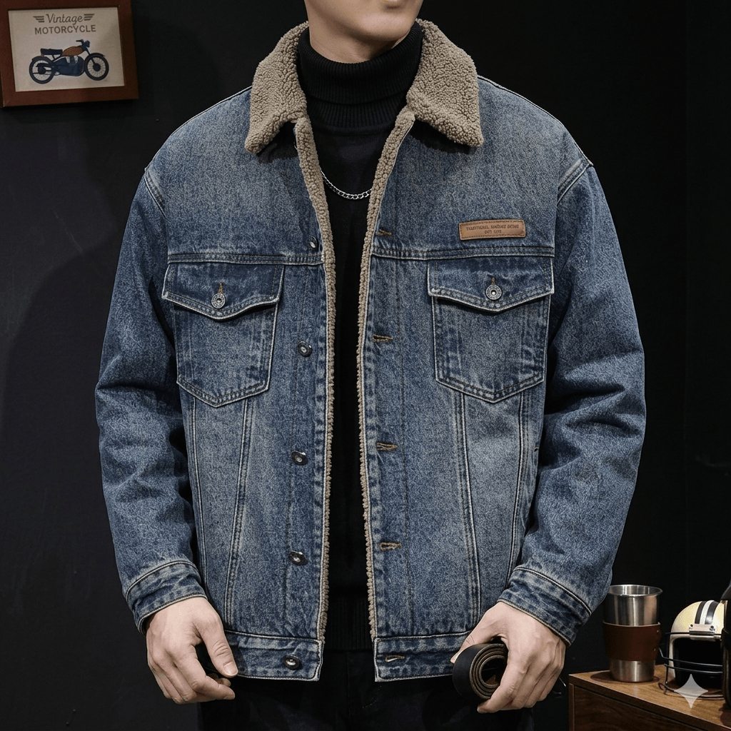 Men's American Vintage Fleece Denim Jacket  Autumn Winter Thickened Warm Cowboy Coat - Loose Fit Casual Sports Outerwear