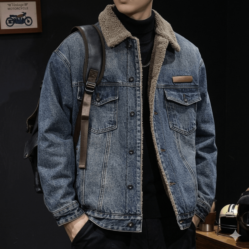 Men's American Vintage Fleece Denim Jacket  Autumn Winter Thickened Warm Cowboy Coat - Loose Fit Casual Sports Outerwear