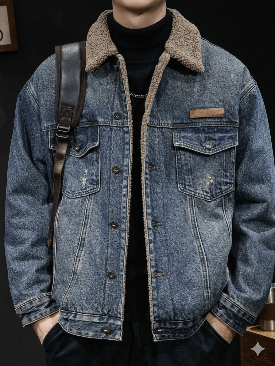 Men's American Vintage Fleece Denim Jacket  Autumn Winter Thickened Warm Cowboy Coat - Loose Fit Casual Sports Outerwear