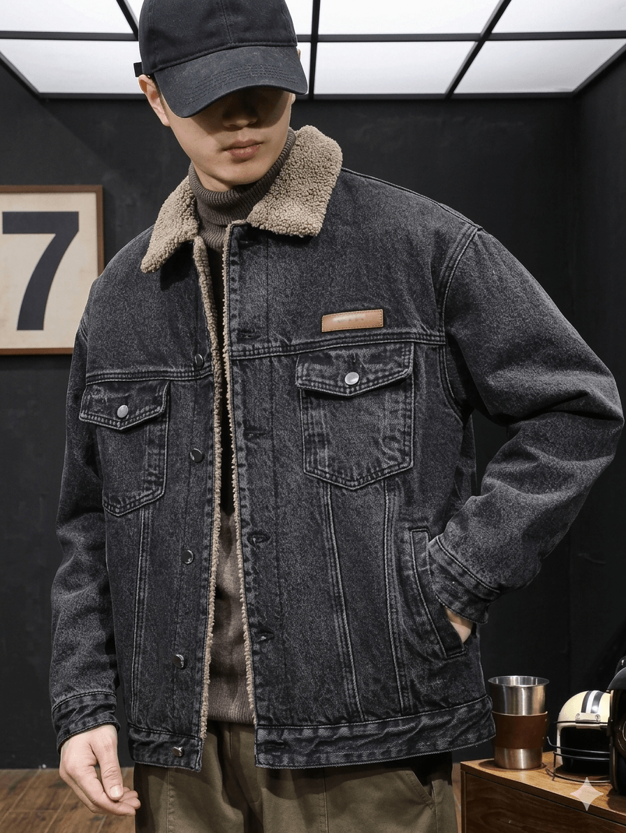 Men's American Vintage Fleece Denim Jacket  Autumn Winter Thickened Warm Cowboy Coat - Loose Fit Casual Sports Outerwear