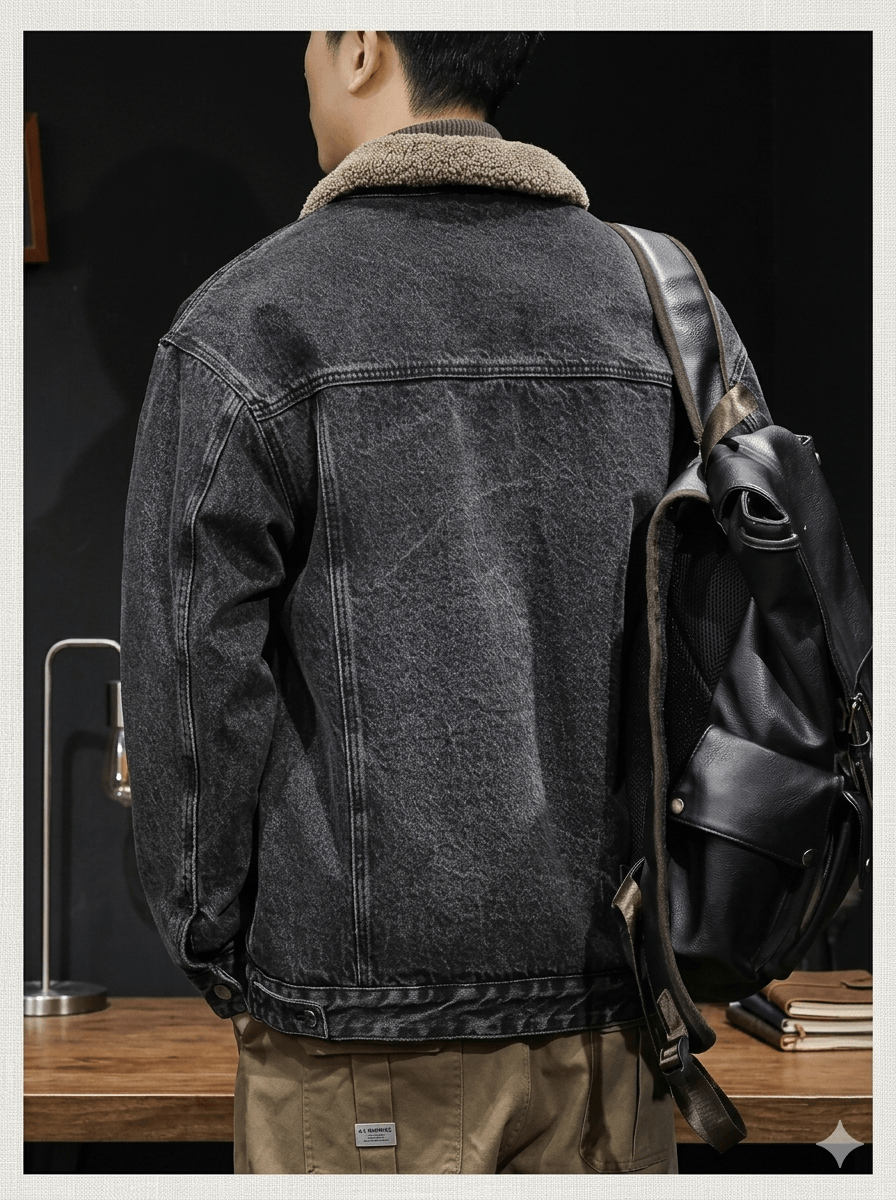 Men's American Vintage Fleece Denim Jacket  Autumn Winter Thickened Warm Cowboy Coat - Loose Fit Casual Sports Outerwear