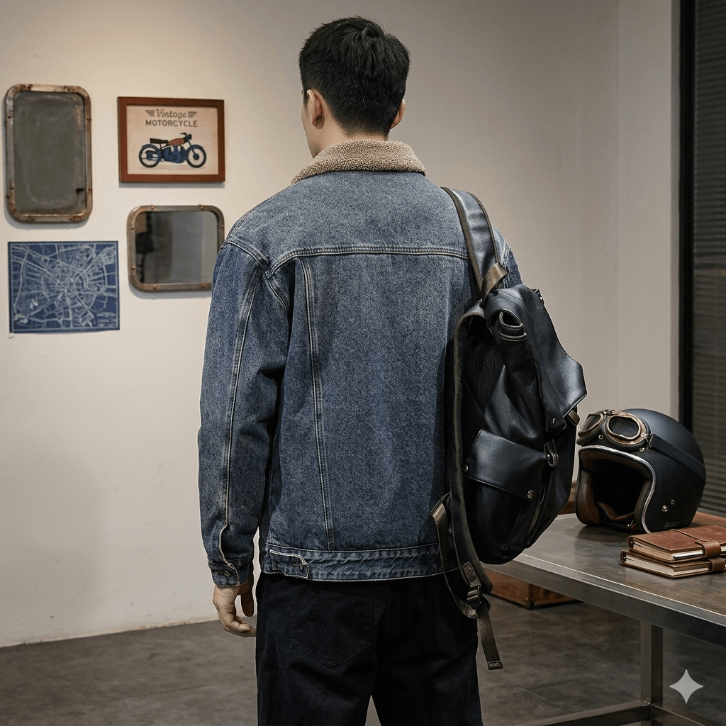Men's American Vintage Fleece Denim Jacket  Autumn Winter Thickened Warm Cowboy Coat - Loose Fit Casual Sports Outerwear