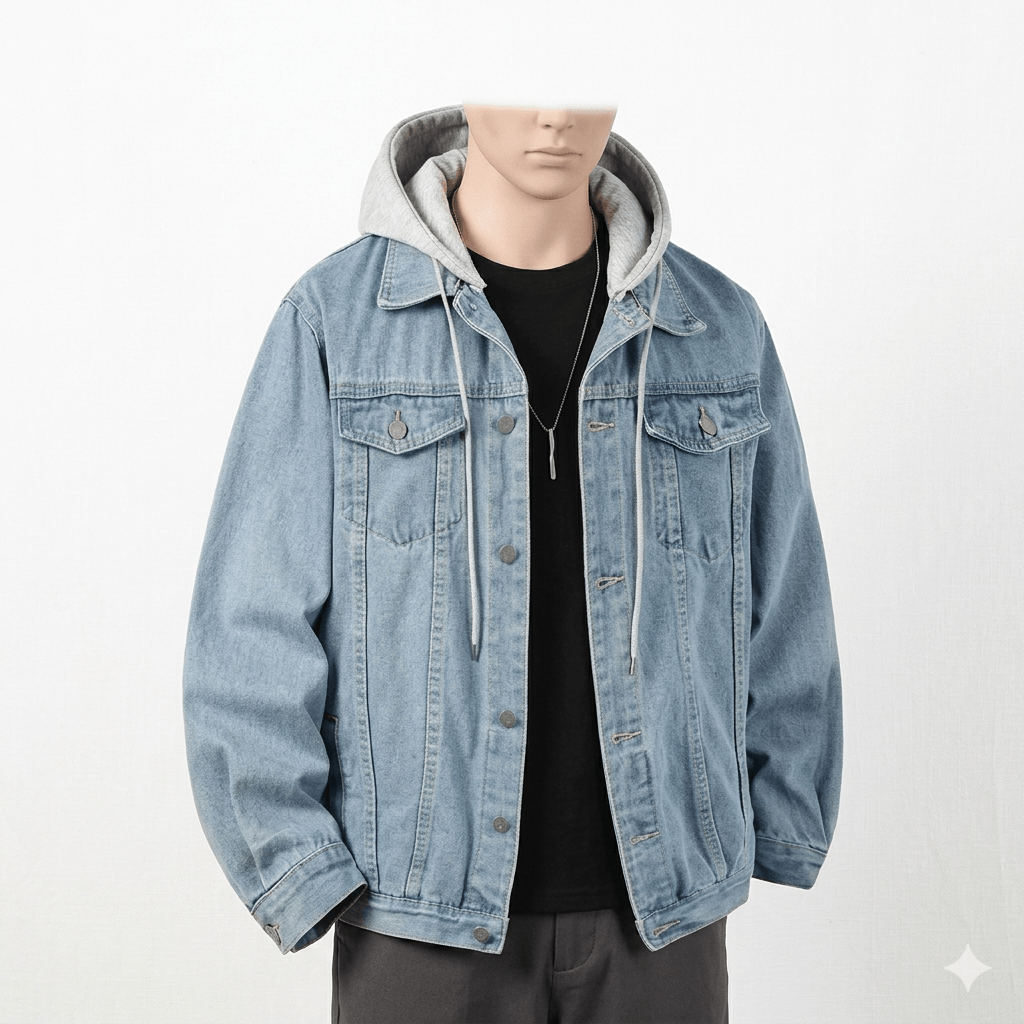Urban Streetwear Denim Bomber  Vintage Patchwork Moto Jacket with Hood 2026 Spring Men’s Multi-Element Outerwear