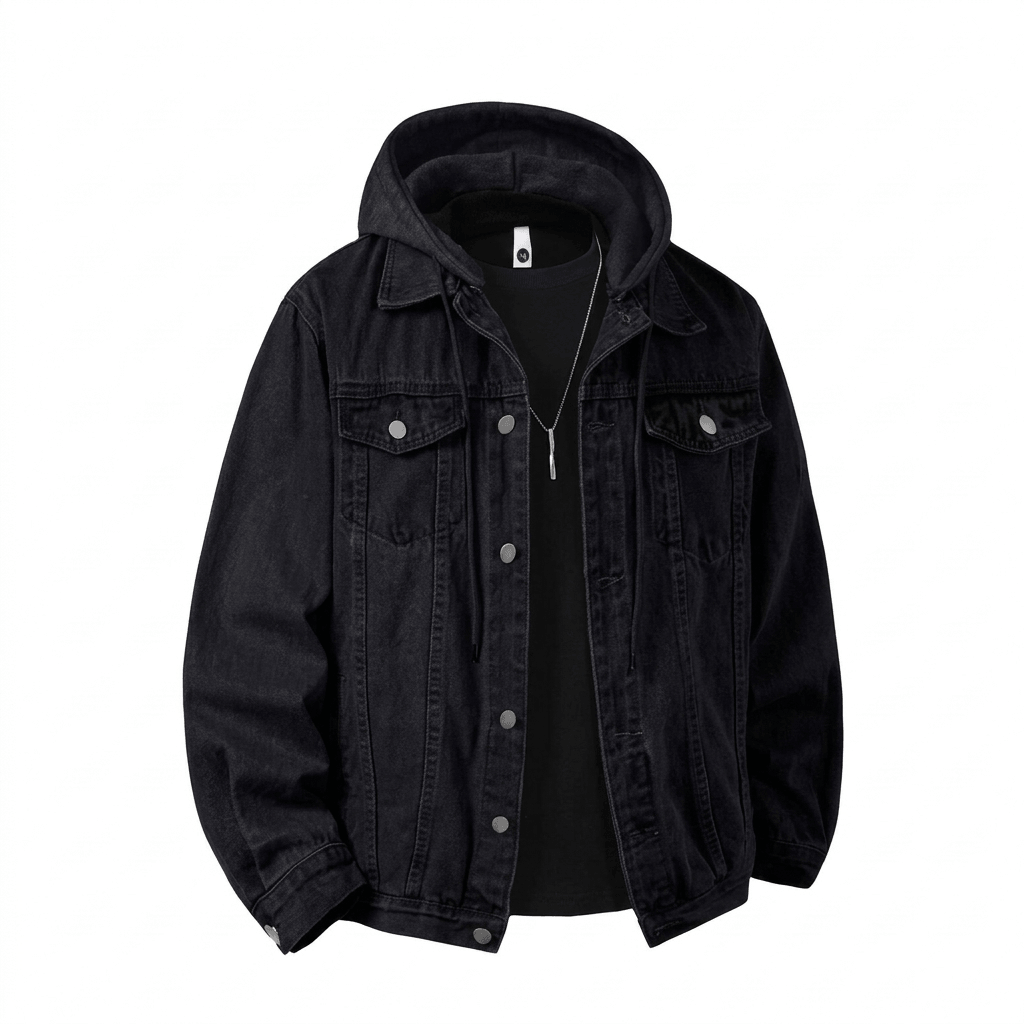 Urban Streetwear Denim Bomber  Vintage Patchwork Moto Jacket with Hood 2026 Spring Men’s Multi-Element Outerwear