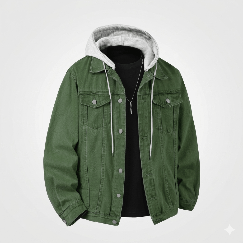 Urban Streetwear Denim Bomber  Vintage Patchwork Moto Jacket with Hood 2026 Spring Men’s Multi-Element Outerwear