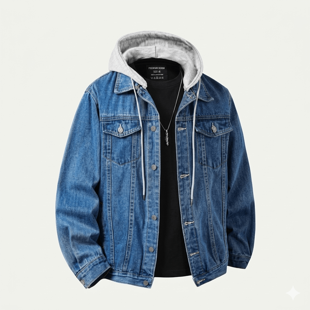 Urban Streetwear Denim Bomber  Vintage Patchwork Moto Jacket with Hood 2026 Spring Men’s Multi-Element Outerwear