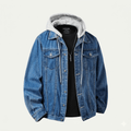 Urban Streetwear Denim Bomber  Vintage Patchwork Moto Jacket with Hood 2026 Spring Men’s Multi-Element Outerwear