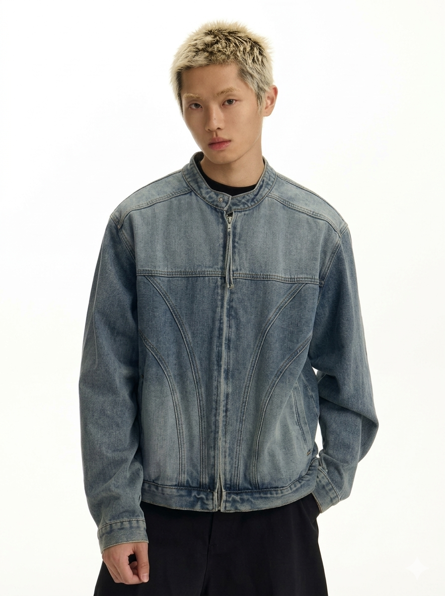 Retro American Faded Denim Jacket for Men  Vintage Wash Round Neck Zipper Coat, 2026 Spring Loose Fit Casual Outerwear