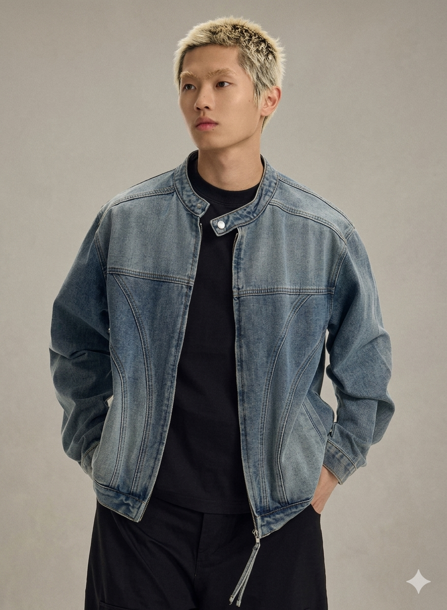 Retro American Faded Denim Jacket for Men  Vintage Wash Round Neck Zipper Coat, 2026 Spring Loose Fit Casual Outerwear