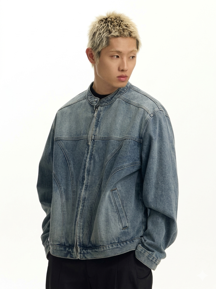 Retro American Faded Denim Jacket for Men  Vintage Wash Round Neck Zipper Coat, 2026 Spring Loose Fit Casual Outerwear