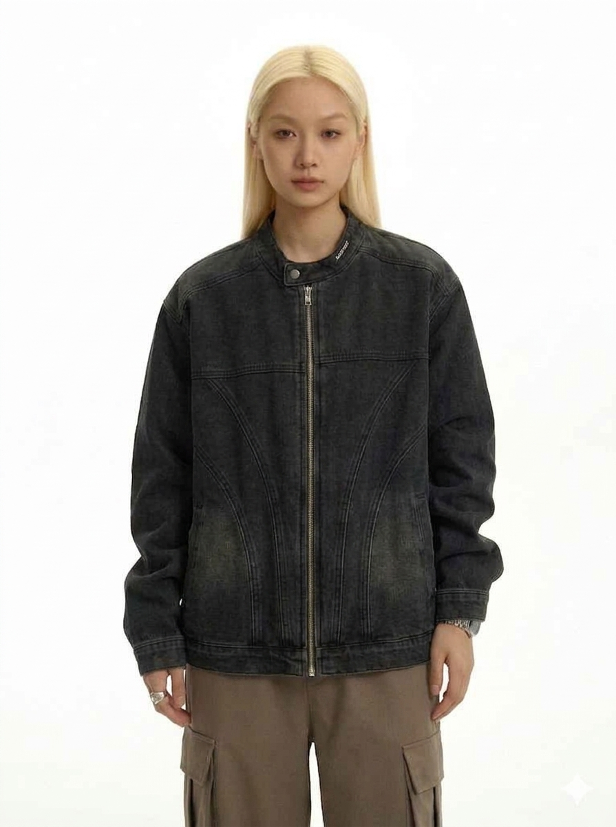 Retro American Faded Denim Jacket for Men  Vintage Wash Round Neck Zipper Coat, 2026 Spring Loose Fit Casual Outerwear
