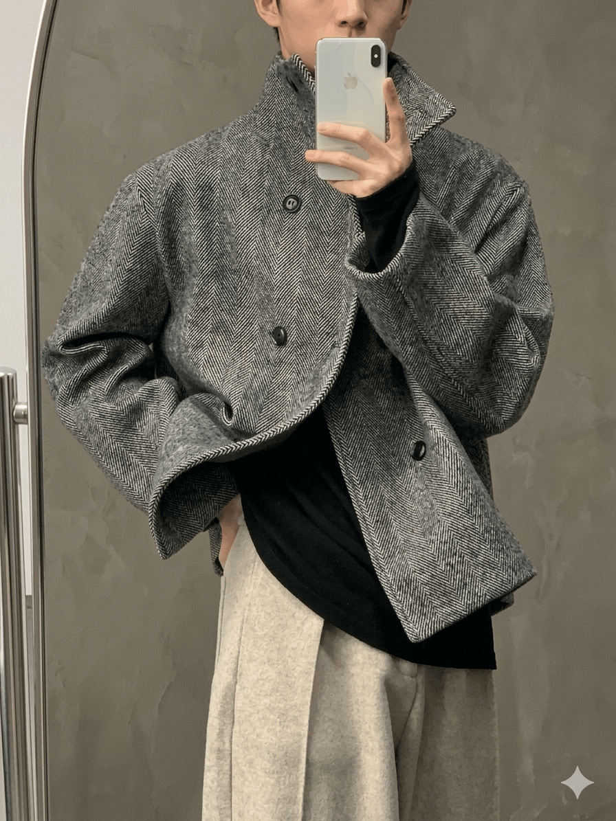 Autumn Winter Men's Luxury Wool Blend Jacket - Double Breasted Herringbone Short Coat - Stand Collar Designer Clothes 2026