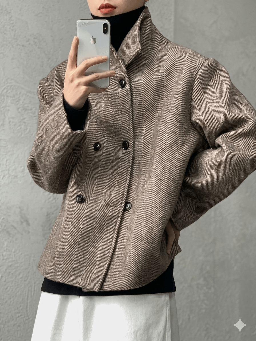 Autumn Winter Men's Luxury Wool Blend Jacket - Double Breasted Herringbone Short Coat - Stand Collar Designer Clothes 2026