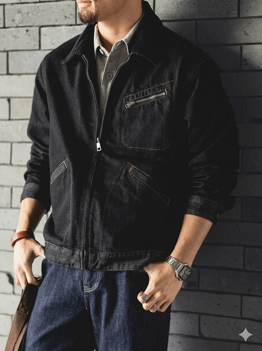Men's Detroit Black Denim Jacket - Loose Fit Stand Collar Workwear Coat, 2026 Spring New Casual Cotton Blend Large Size Outerwear