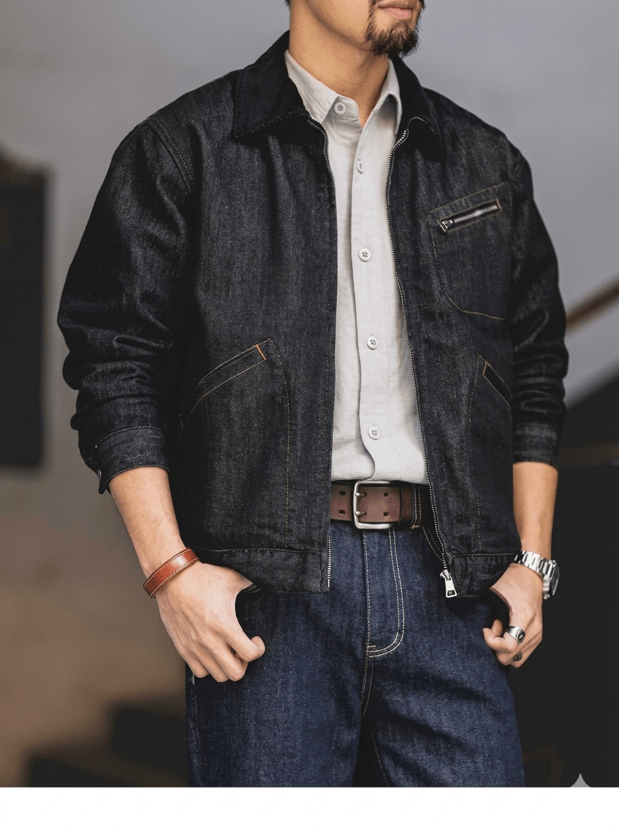 Men's Detroit Black Denim Jacket - Loose Fit Stand Collar Workwear Coat, 2026 Spring New Casual Cotton Blend Large Size Outerwear
