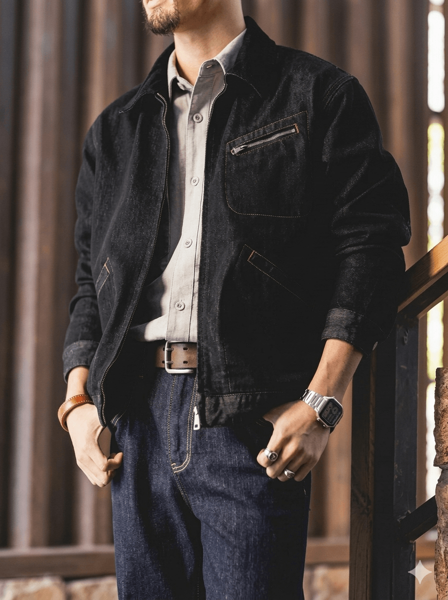 Men's Detroit Black Denim Jacket - Loose Fit Stand Collar Workwear Coat, 2026 Spring New Casual Cotton Blend Large Size Outerwear