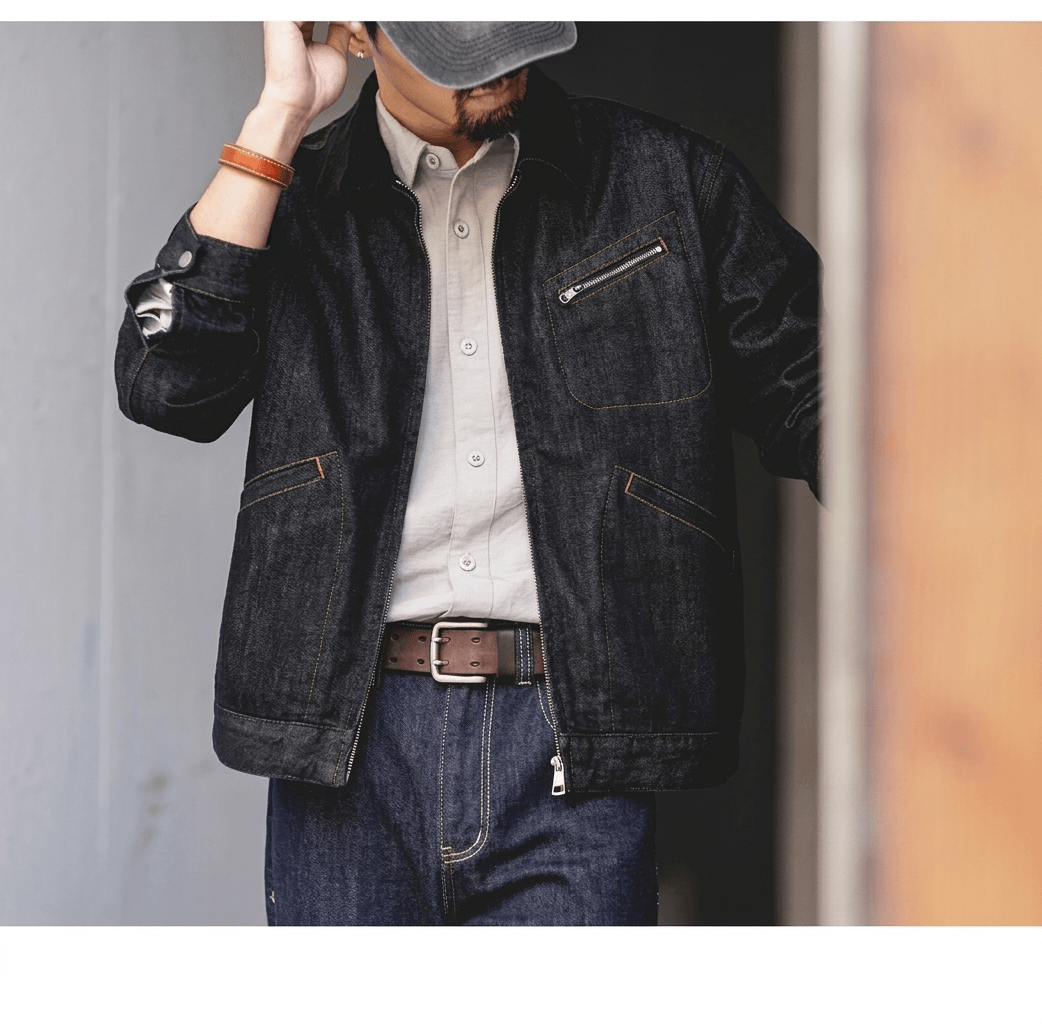 Men's Detroit Black Denim Jacket - Loose Fit Stand Collar Workwear Coat, 2026 Spring New Casual Cotton Blend Large Size Outerwear