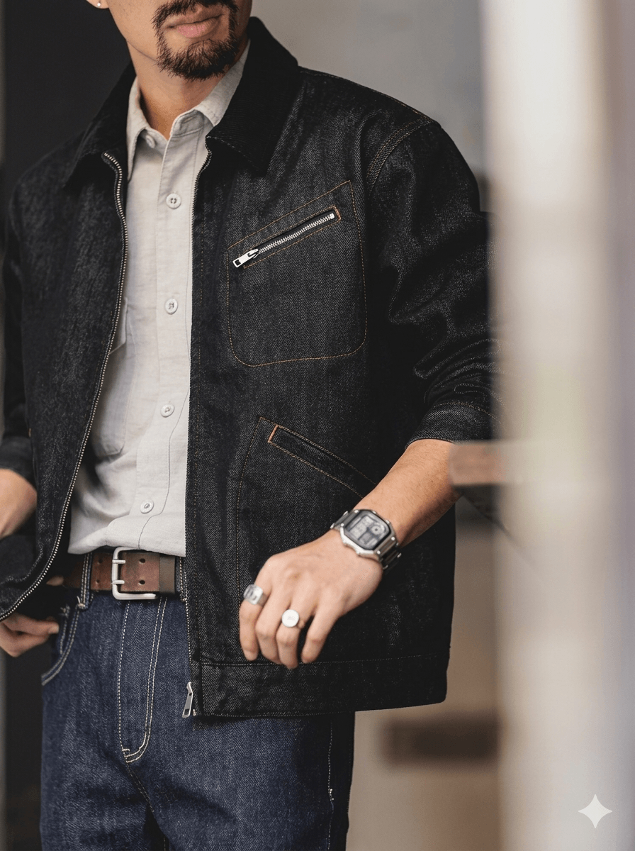 Men's Detroit Black Denim Jacket - Loose Fit Stand Collar Workwear Coat, 2026 Spring New Casual Cotton Blend Large Size Outerwear