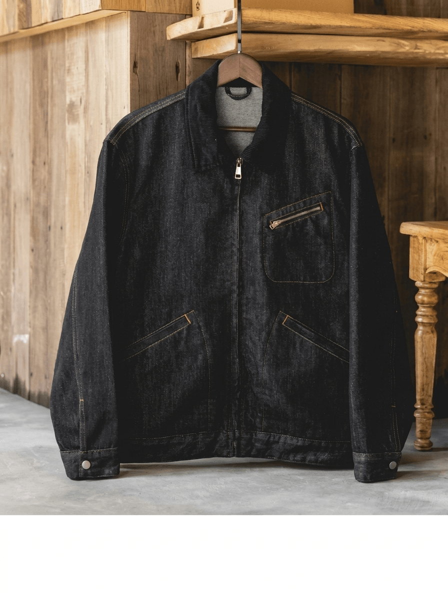 Men's Detroit Black Denim Jacket - Loose Fit Stand Collar Workwear Coat, 2026 Spring New Casual Cotton Blend Large Size Outerwear