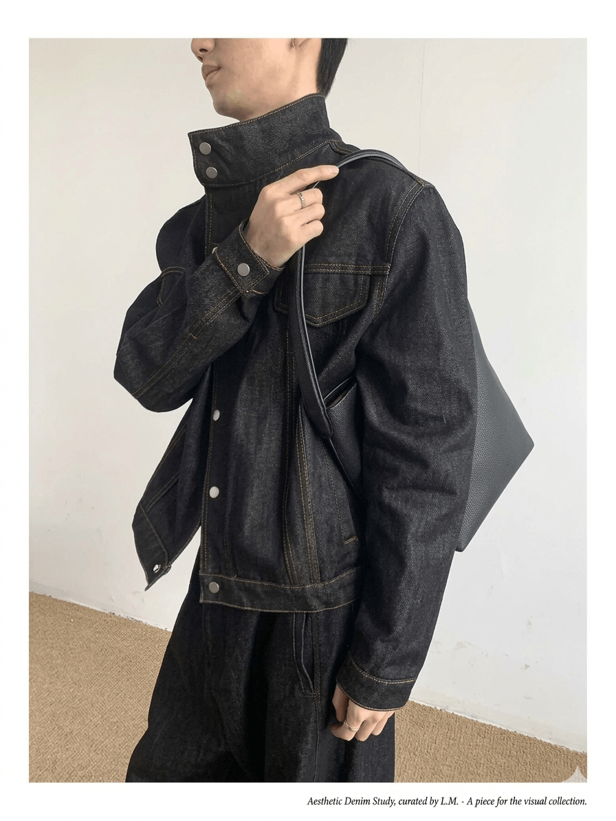 Series Designer Stand Collar Denim Jacket  Unisex Black Short Washed Denim Coat, 2026 Spring Casual Youthful Vitality Outerwear