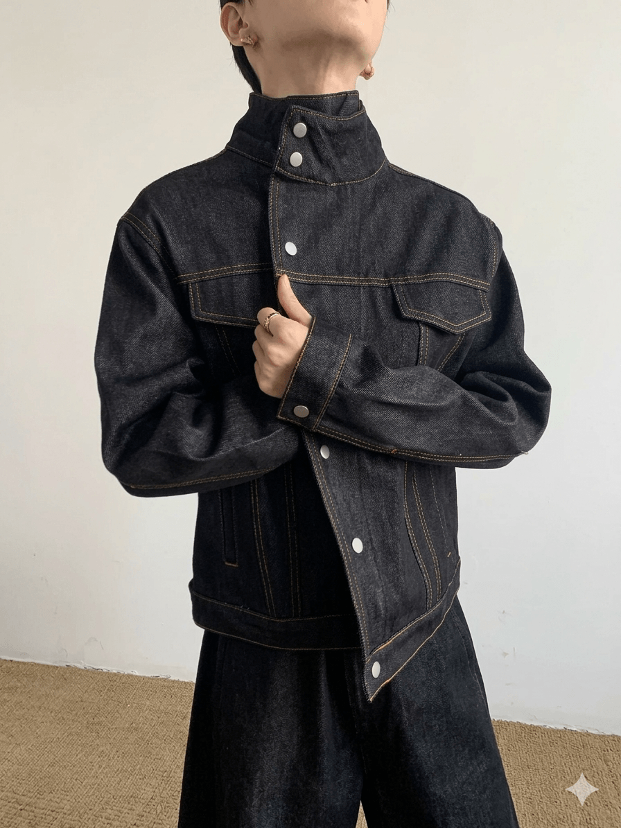 Series Designer Stand Collar Denim Jacket  Unisex Black Short Washed Denim Coat, 2026 Spring Casual Youthful Vitality Outerwear