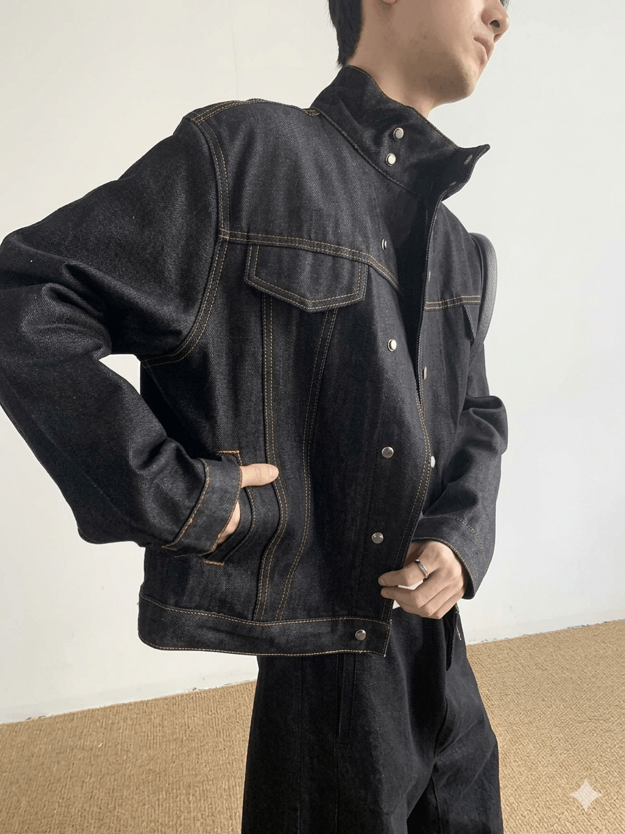 Series Designer Stand Collar Denim Jacket  Unisex Black Short Washed Denim Coat, 2026 Spring Casual Youthful Vitality Outerwear
