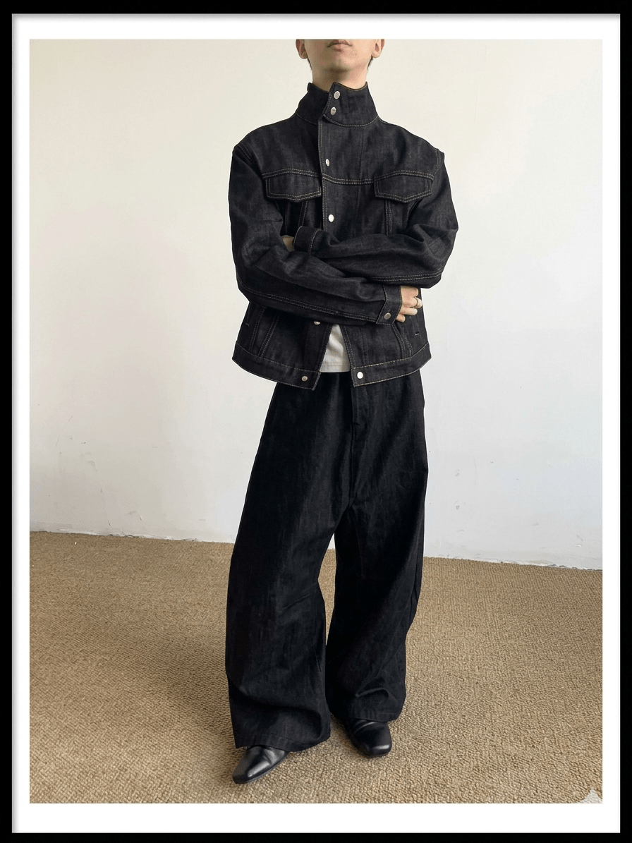Series Designer Stand Collar Denim Jacket  Unisex Black Short Washed Denim Coat, 2026 Spring Casual Youthful Vitality Outerwear