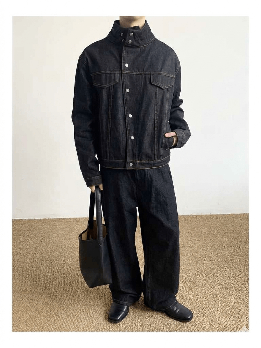 Series Designer Stand Collar Denim Jacket  Unisex Black Short Washed Denim Coat, 2026 Spring Casual Youthful Vitality Outerwear