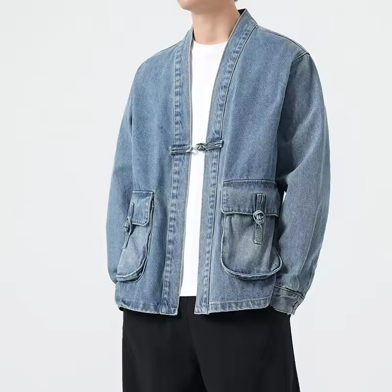 Fashion Men Denim Jacket Cotton Kimono Japanese Pocket Cardigan Coat Vintage Traditional Jackets Men Hip Hop Loose Outwear