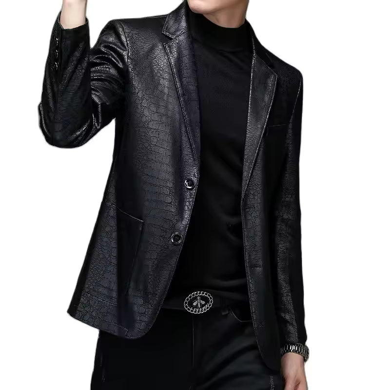 Men's Casual Spring Autumn Vintage Soft Faux Leather Jackets Male Classic Slim Fit Crocodile Pattern Suit Black Blazers Coats