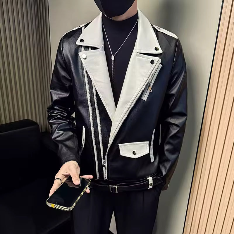 Autumn Winter Men's Suit Collar Motorcycle Leather Jacket Slim Casual Social Zipper PU Leather Jacket Streetwear Men Clothing