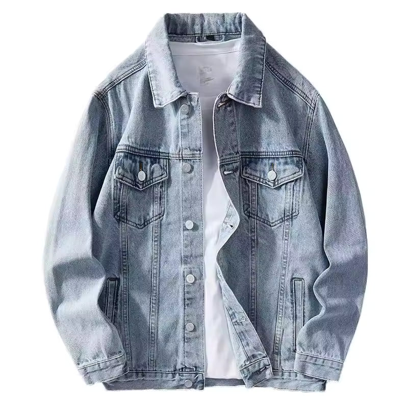 Men's Retro Light Blue Washed Denim Jacket Classic Button-Up Trucker Coat Casual Outerwear Autumn