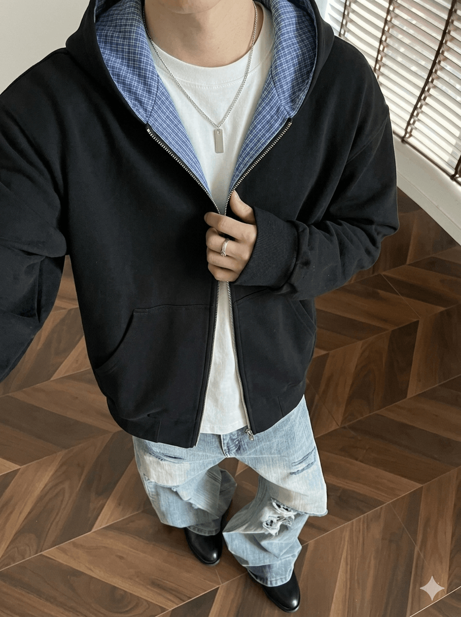 Men's Retro Varsity Layered Zip-Up Hoodie  Vintage Checked Lining Streetwear Jacket, 2026 Hip-Hop Relaxed Fit Unisex Outerwear