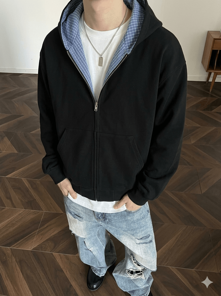 Men's Retro Varsity Layered Zip-Up Hoodie  Vintage Checked Lining Streetwear Jacket, 2026 Hip-Hop Relaxed Fit Unisex Outerwear