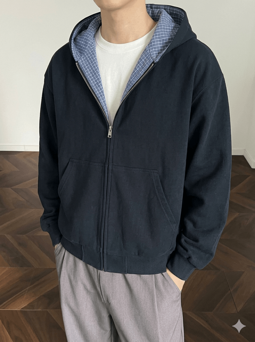 Men's Retro Varsity Layered Zip-Up Hoodie  Vintage Checked Lining Streetwear Jacket, 2026 Hip-Hop Relaxed Fit Unisex Outerwear