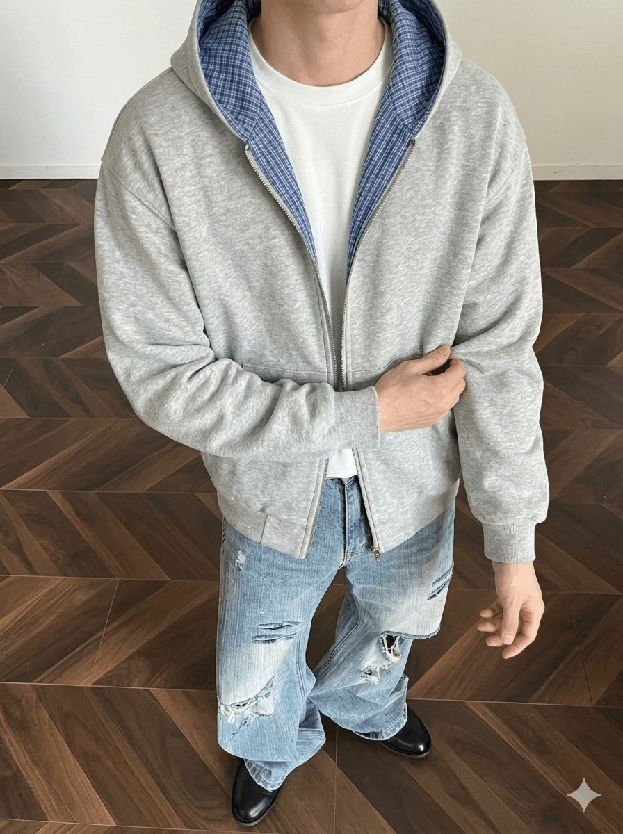 Men's Retro Varsity Layered Zip-Up Hoodie  Vintage Checked Lining Streetwear Jacket, 2026 Hip-Hop Relaxed Fit Unisex Outerwear
