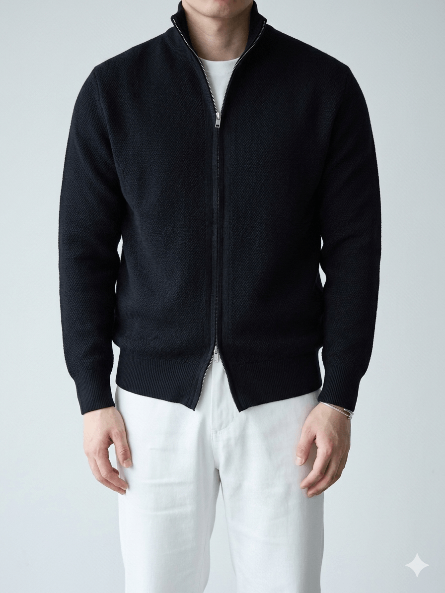 Men's Luxury Merino Wool & Silk Blend Knit Jacket: Premium Piqué Zip-Up with Stand Collar – The Ultimate Travel & Commute Essential
