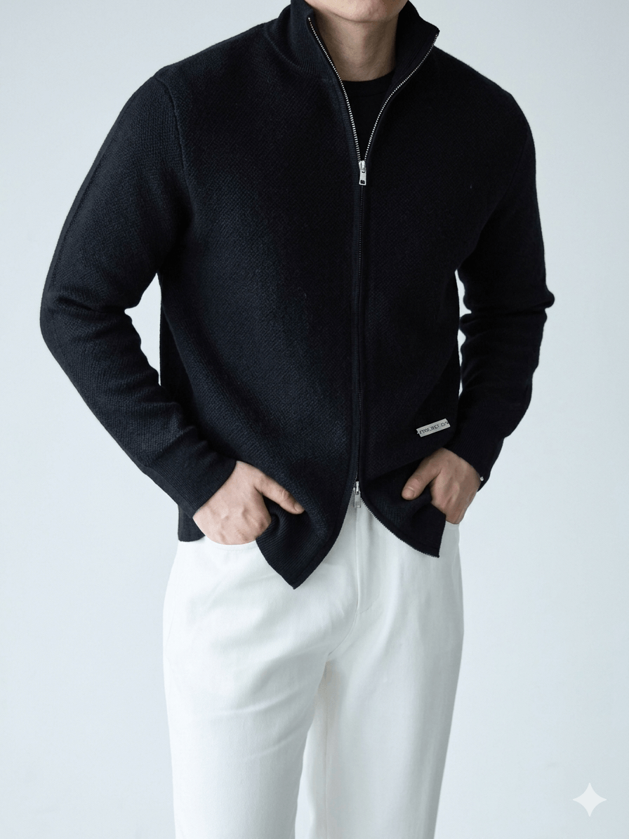 Men's Luxury Merino Wool & Silk Blend Knit Jacket: Premium Piqué Zip-Up with Stand Collar – The Ultimate Travel & Commute Essential