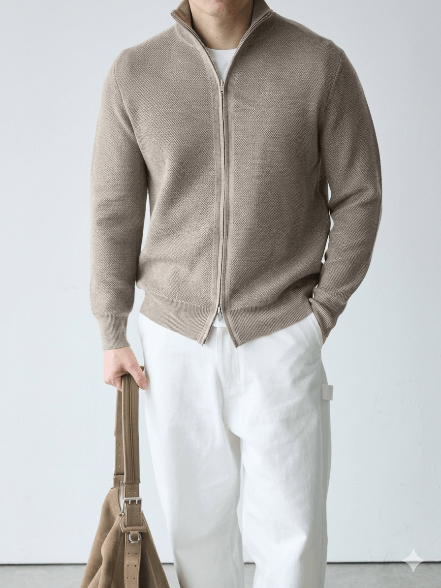 Men's Luxury Merino Wool & Silk Blend Knit Jacket: Premium Piqué Zip-Up with Stand Collar – The Ultimate Travel & Commute Essential